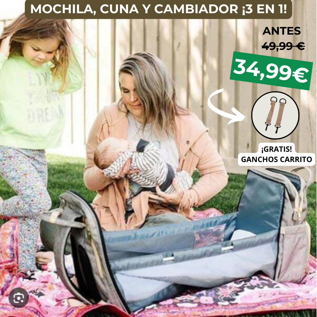 Mochila con Cuna y Cambiador. "MochiCuna" + 2 Ganchos Carrito ¡GRATIS!