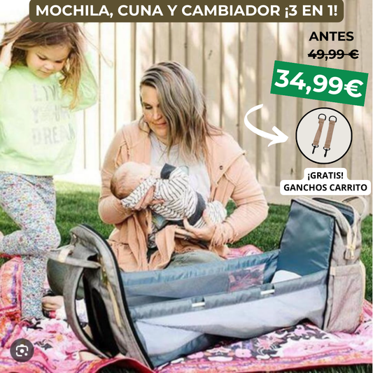 Mochila con Cuna y Cambiador. "MochiCuna" + 2 Ganchos Carrito ¡GRATIS!